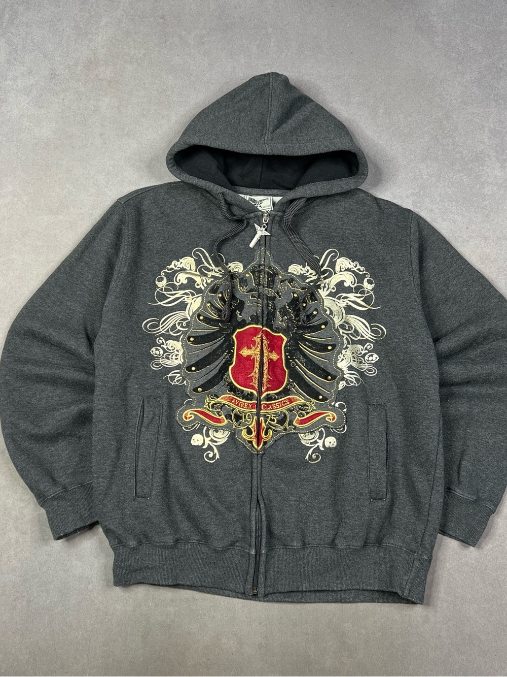 Avirex Dark Gray Zip-Up Hoodie with Red & Gold Crest Y2K